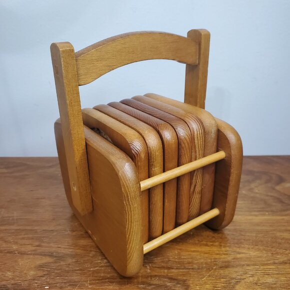 Vintage Wooden Coaster Set with Holder – 6 Cork-Insert Coasters, Mid-Century Rus - Picture 3 of 10